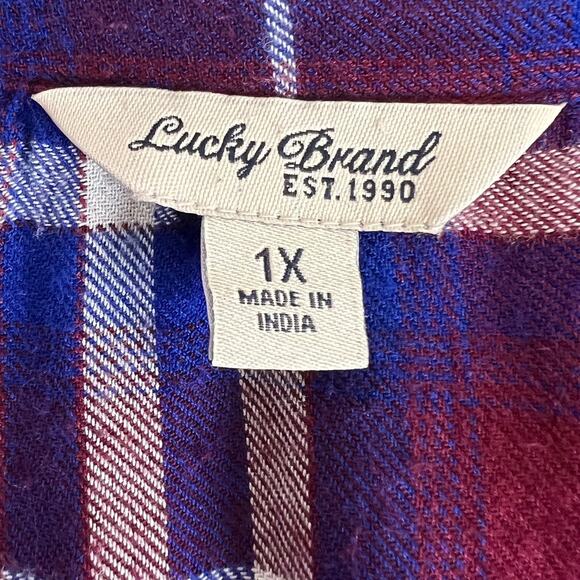 Lucky Brand Womens Flannel Shirt 1X Burgundy Blue Plaid Button Back Peplum Hem - Picture 4 of 7